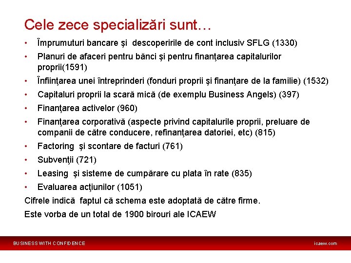 Cele zece specializări sunt… • Împrumuturi bancare şi descoperirile de cont inclusiv SFLG (1330)