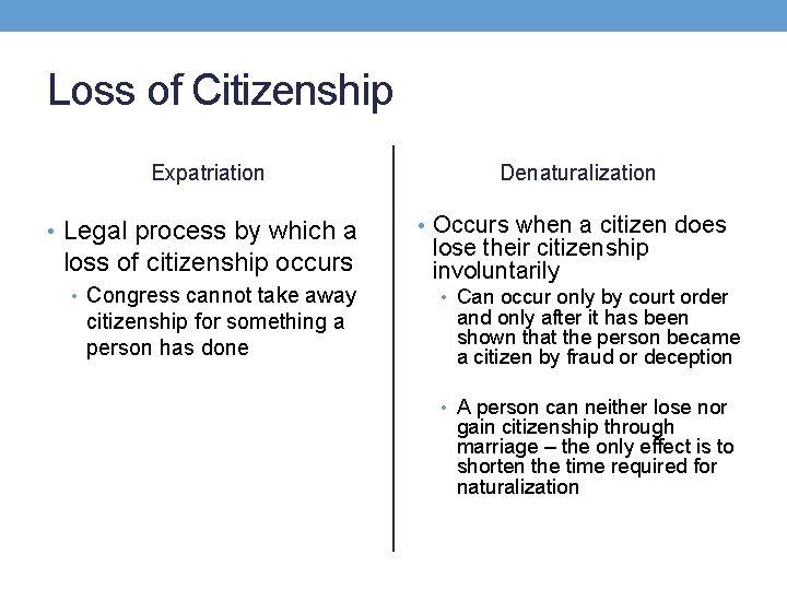 Loss of Citizenship Expatriation • Legal process by which a loss of citizenship occurs