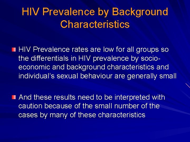 HIV Prevalence by Background Characteristics HIV Prevalence rates are low for all groups so