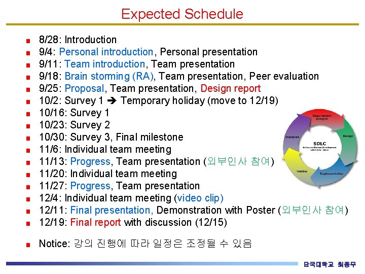 Expected Schedule 8/28: Introduction 9/4: Personal introduction, Personal presentation 9/11: Team introduction, Team presentation