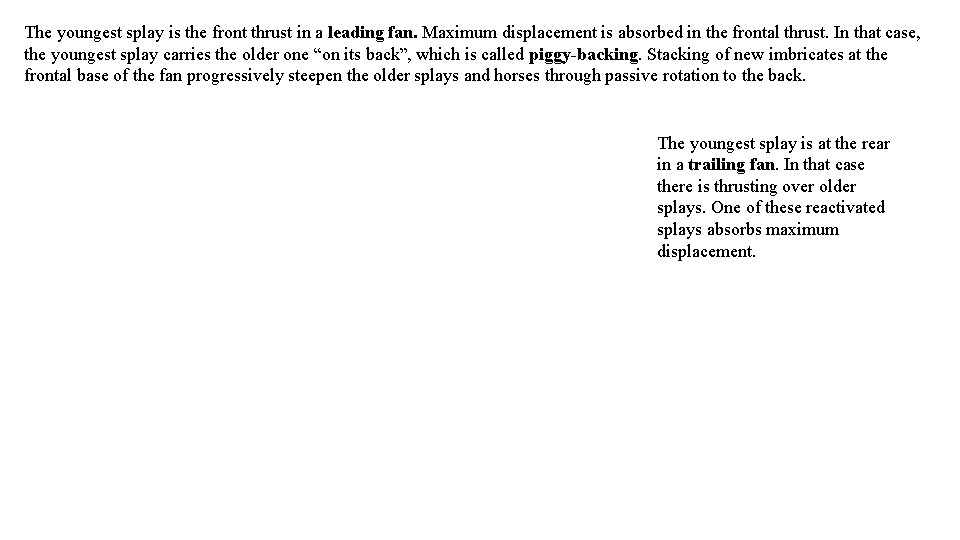 The youngest splay is the front thrust in a leading fan. Maximum displacement is