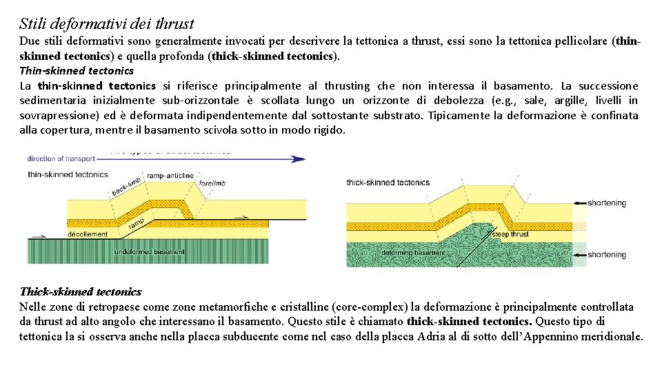 Stili deformativi dei thrust Due stili deformativi sono generalmente invocati per descrivere la tettonica