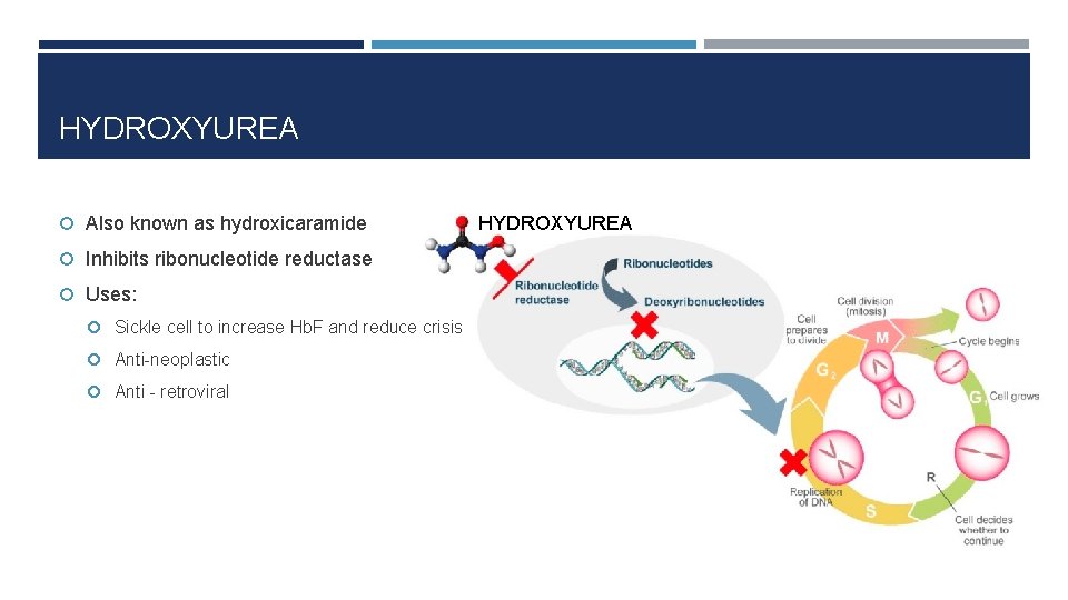 HYDROXYUREA Also known as hydroxicaramide Inhibits ribonucleotide reductase Uses: Sickle cell to increase Hb.