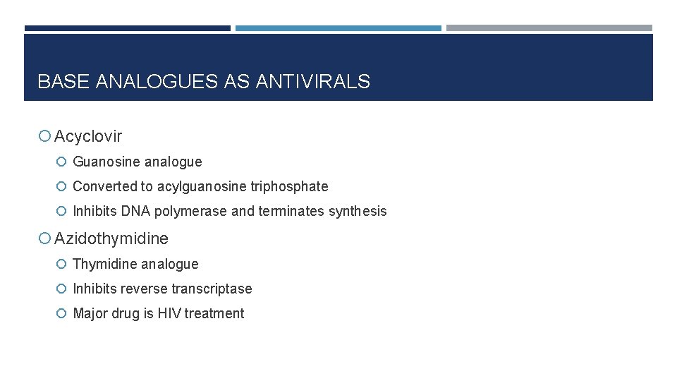BASE ANALOGUES AS ANTIVIRALS Acyclovir Guanosine analogue Converted to acylguanosine triphosphate Inhibits DNA polymerase