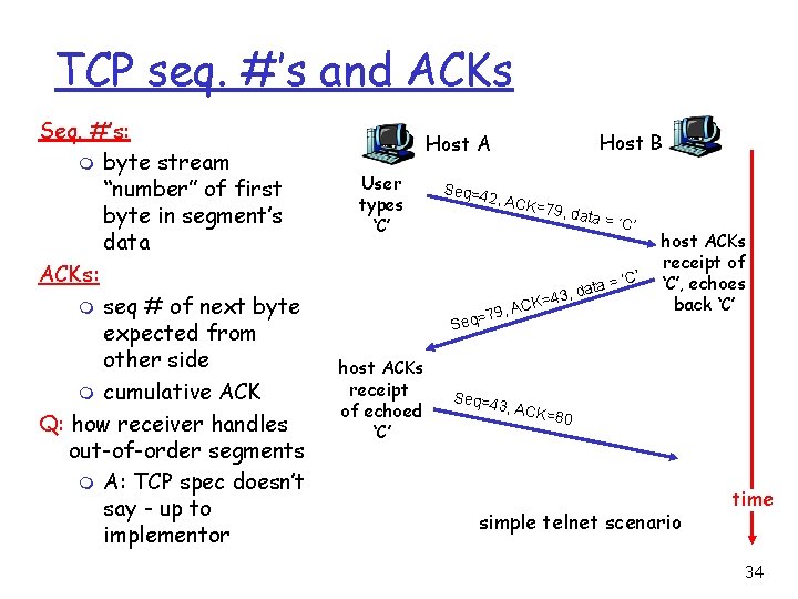 TCP seq. #’s and ACKs Seq. #’s: m byte stream “number” of first byte