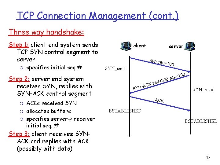 TCP Connection Management (cont. ) Three way handshake: Step 1: client end system sends