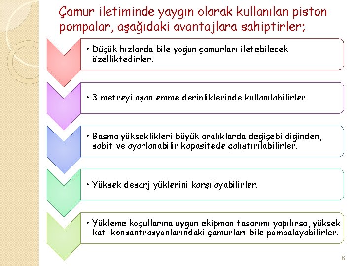 Çamur iletiminde yaygın olarak kullanılan piston pompalar, aşağıdaki avantajlara sahiptirler; • Düşük hızlarda bile