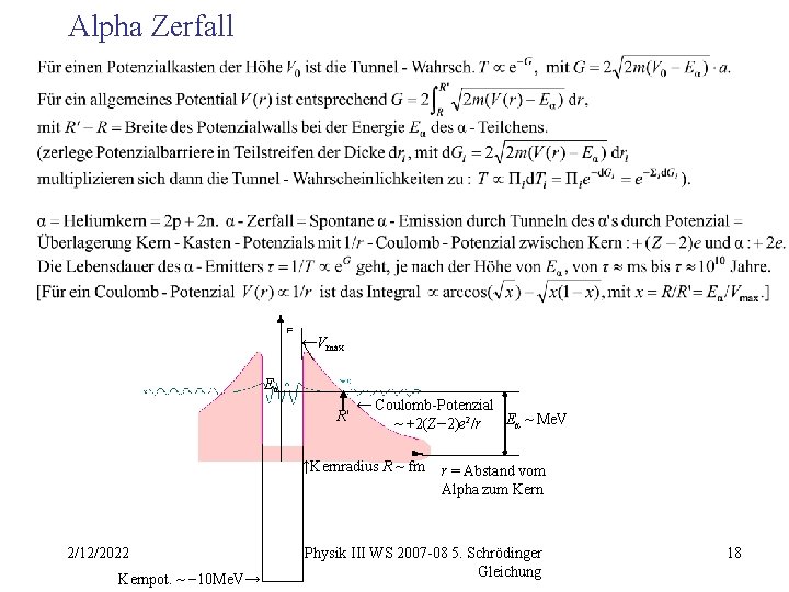 Alpha Zerfall ←Vmax Eα R' ← Coulomb-Potenzial Eα ~ Me. V ~ +2(Z− 2)e