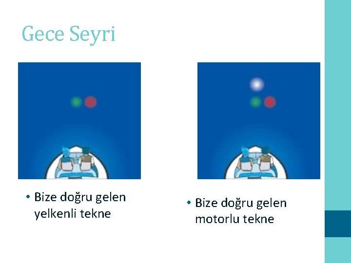 Gece Seyri • Bize doğru gelen yelkenli tekne • Bize doğru gelen motorlu tekne