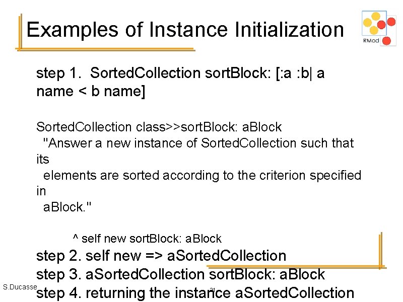 Examples of Instance Initialization step 1. Sorted. Collection sort. Block: [: a : b|