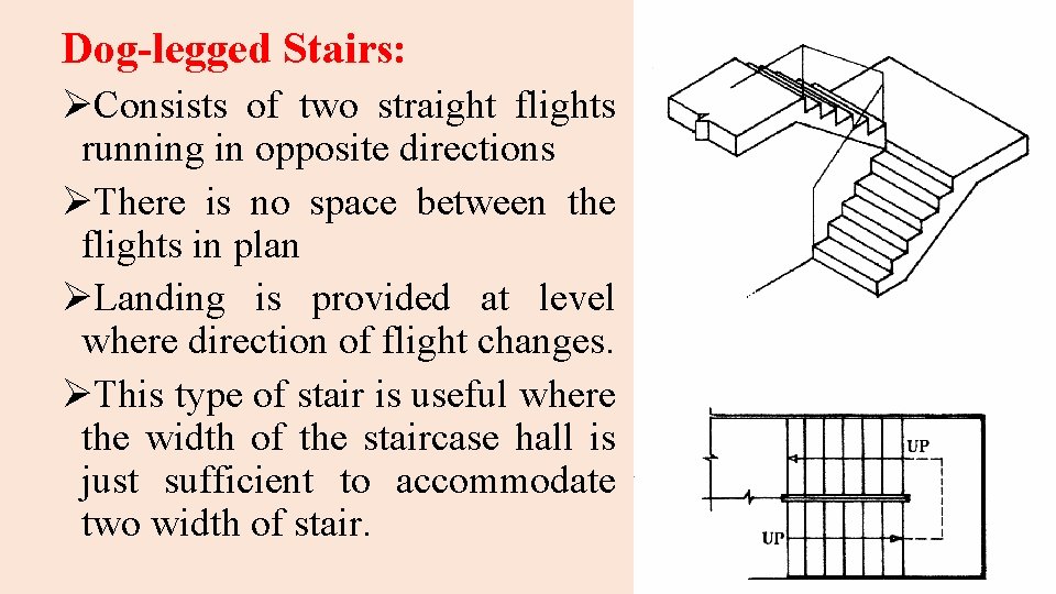 Dog-legged Stairs: ØConsists of two straight flights running in opposite directions ØThere is no