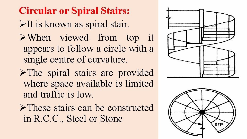 Circular or Spiral Stairs: ØIt is known as spiral stair. ØWhen viewed from top