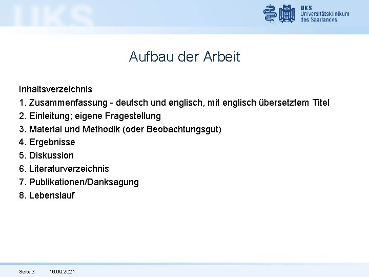 Aufbau der Arbeit Inhaltsverzeichnis 1. Zusammenfassung - deutsch und englisch, mit englisch übersetztem Titel