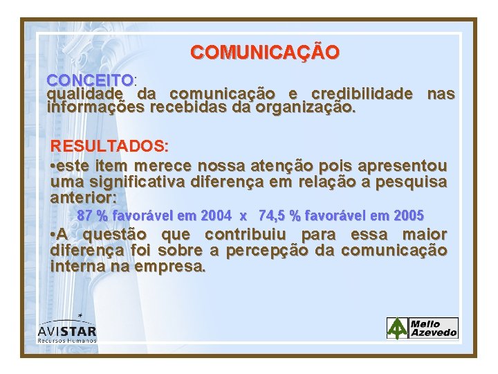 COMUNICAÇÃO CONCEITO: CONCEITO qualidade da comunicação e credibilidade nas informações recebidas da organização. RESULTADOS: