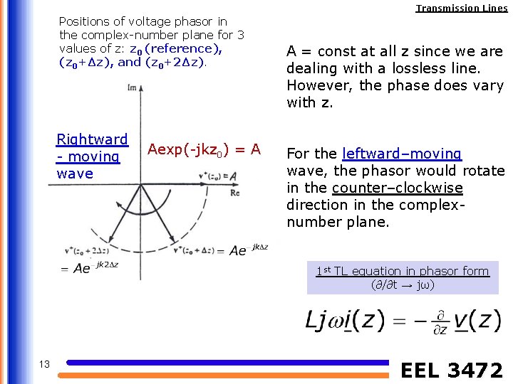 Transmission Lines Positions of voltage phasor in the complex-number plane for 3 values of