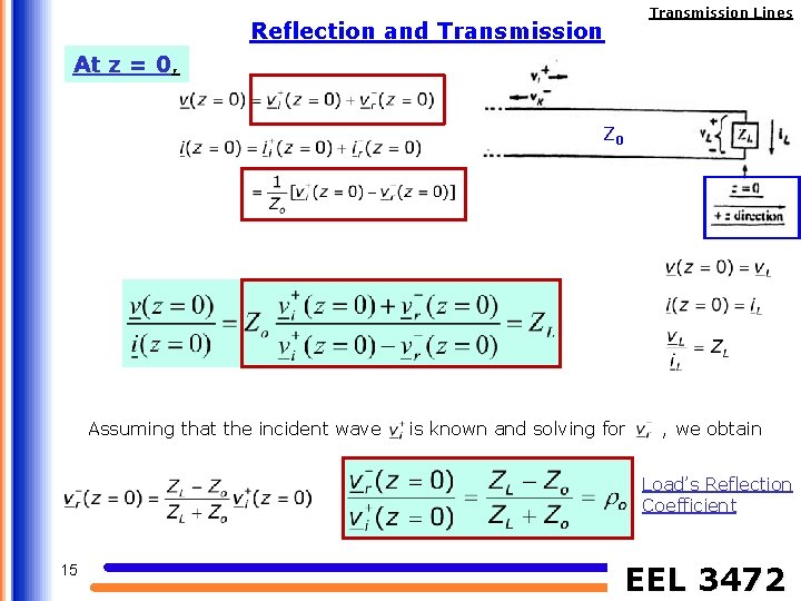 Transmission Lines Reflection and Transmission At z = 0, Z 0 Assuming that the