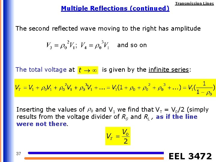 Multiple Reflections (continued) Transmission Lines The second reflected wave moving to the right has