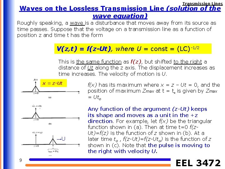 Transmission Lines Waves on the Lossless Transmission Line (solution of the wave equation) Roughly