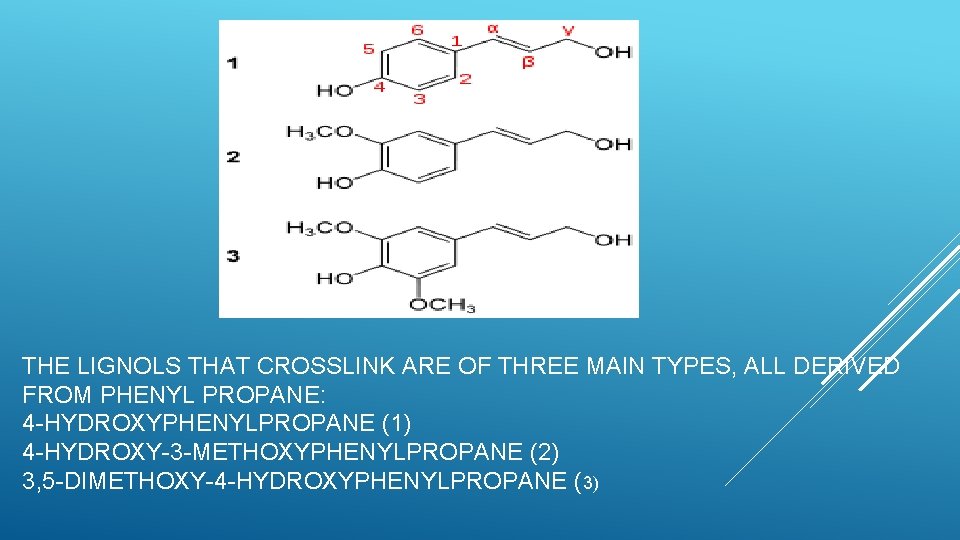 THE LIGNOLS THAT CROSSLINK ARE OF THREE MAIN TYPES, ALL DERIVED FROM PHENYL PROPANE: