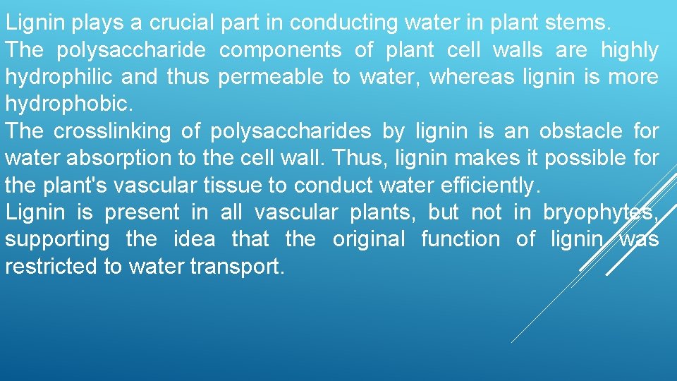 Lignin plays a crucial part in conducting water in plant stems. The polysaccharide components