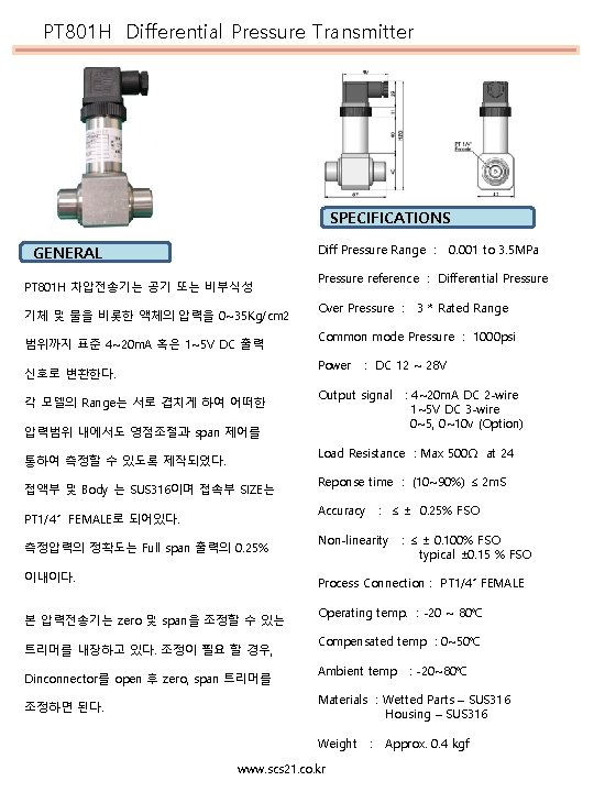 PT 801 H Differential Pressure Transmitter SPECIFICATIONS Diff Pressure Range : GENERAL PT 801