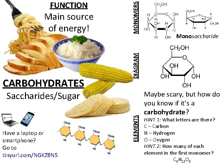 CARBOHYDRATES MONOMERS Main source of energy! ELEMENTS Saccharides/Sugar Have a laptop or smartphone? Go