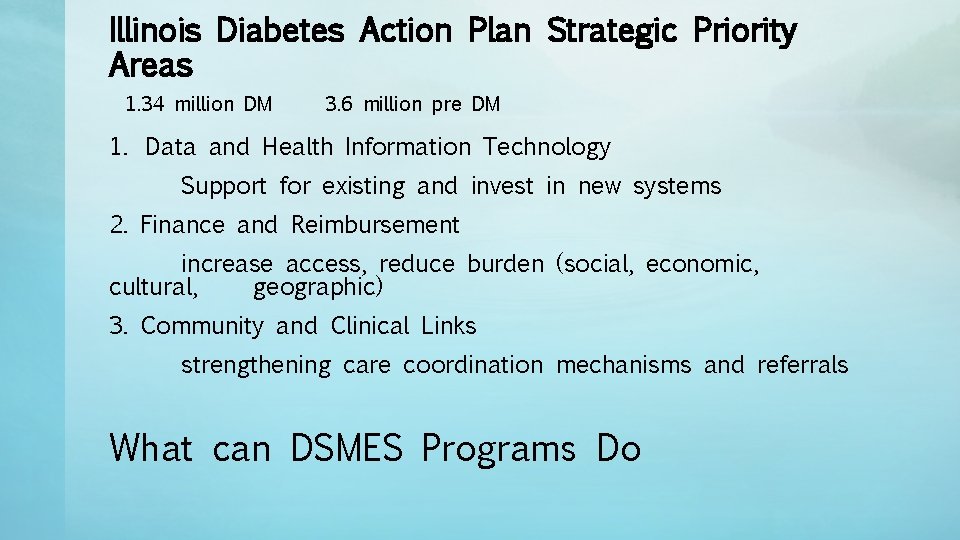 Illinois Diabetes Action Plan Strategic Priority Areas 1. 34 million DM 3. 6 million