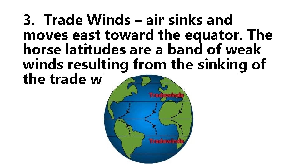 3. Trade Winds – air sinks and moves east toward the equator. The horse