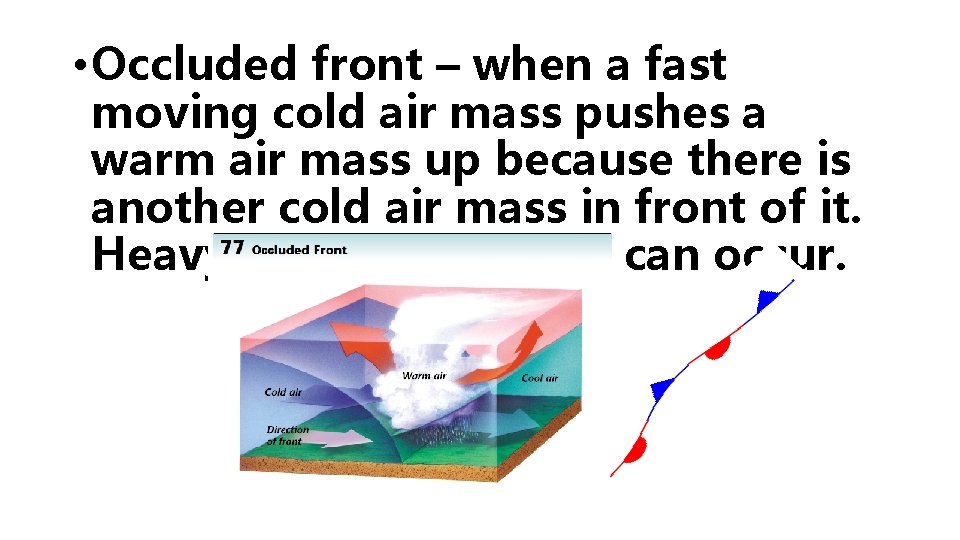 • Occluded front – when a fast moving cold air mass pushes a