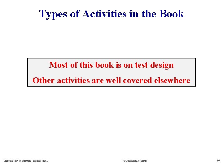 Types of Activities in the Book Most of this book is on test design