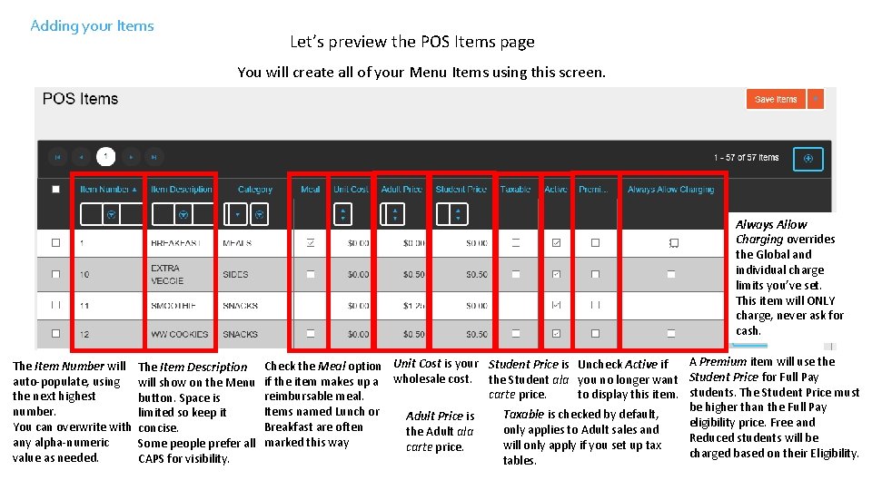 Adding your Items Let’s preview the POS Items page You will create all of