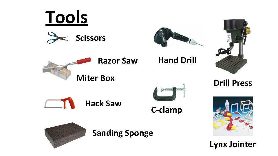 Tools Scissors Hand Drill Razor Saw Miter Box Hack Saw Drill Press C-clamp Sanding