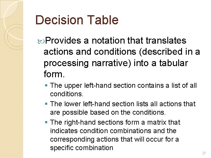 Decision Table Provides a notation that translates actions and conditions (described in a processing