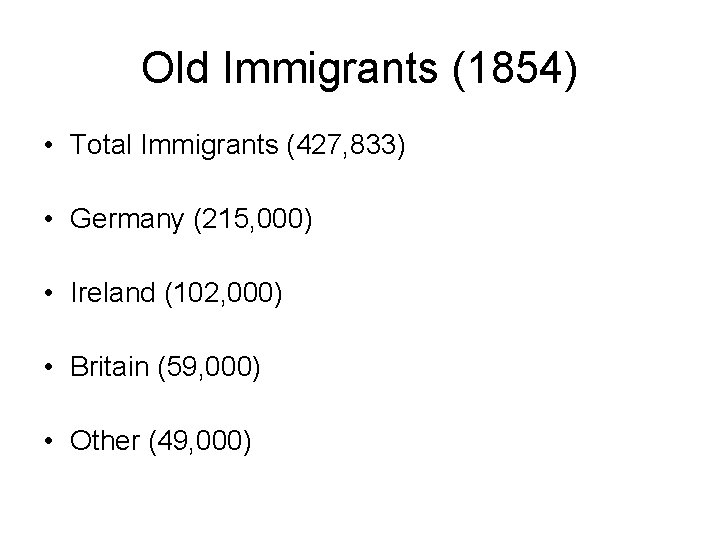 Old Immigrants (1854) • Total Immigrants (427, 833) • Germany (215, 000) • Ireland