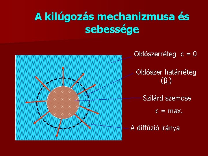 A kilúgozás mechanizmusa és sebessége Oldószerréteg c = 0 Oldószer határréteg (βf) Szilárd szemcse