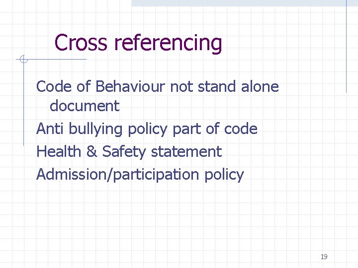 Cross referencing Code of Behaviour not stand alone document Anti bullying policy part of