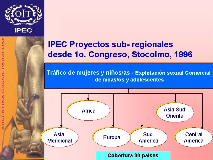 IPEC Proyectos sub- regionales desde 1 o. Congreso, Stocolmo, 1996 Tráfico de mujeres y