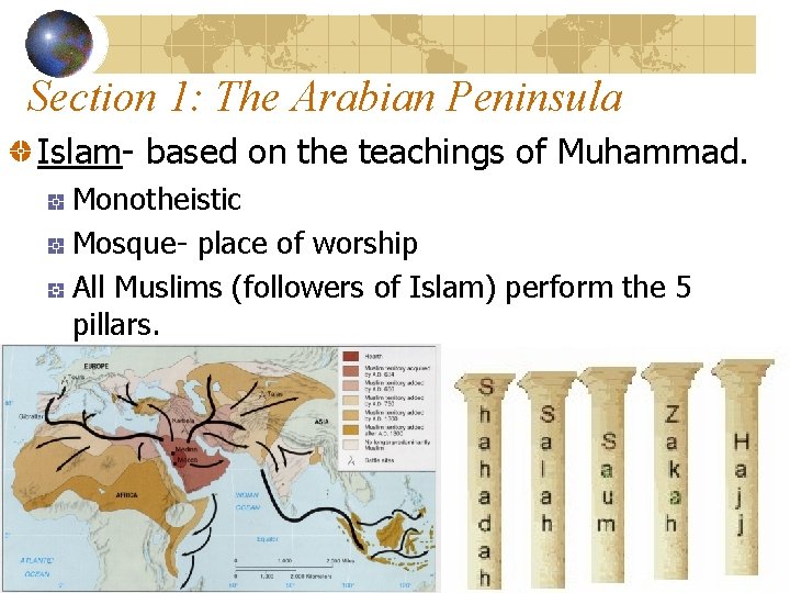 Section 1: The Arabian Peninsula Islam- based on the teachings of Muhammad. Monotheistic Mosque-