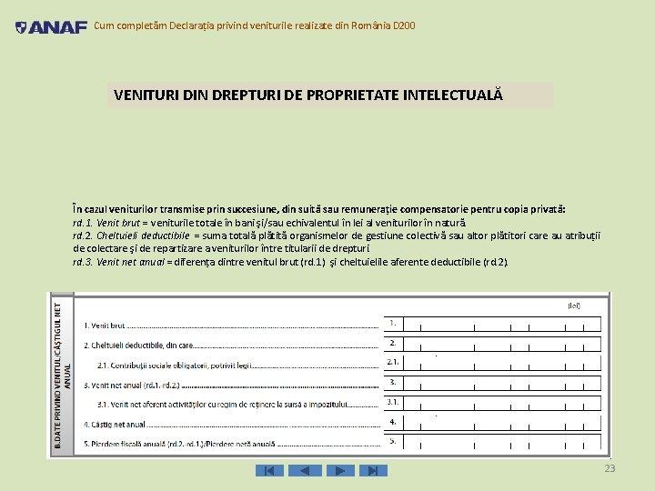 Cum completăm Declarația privind veniturile realizate din România D 200 VENITURI DIN DREPTURI DE