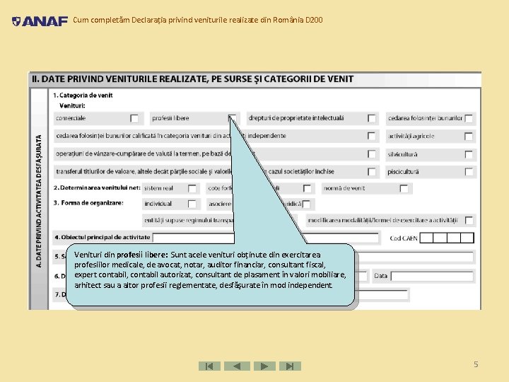 Cum completăm Declarația privind veniturile realizate din România D 200 Venituri din profesii libere: