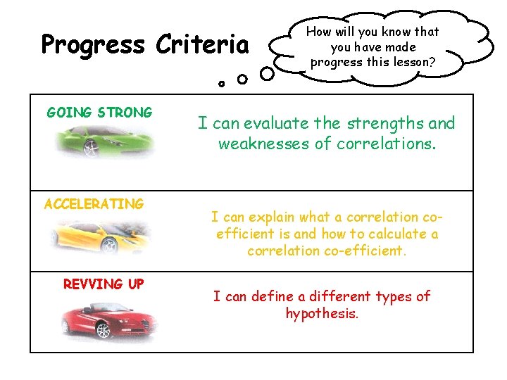 Progress Criteria GOING STRONG ACCELERATING REVVING UP How will you know that you have