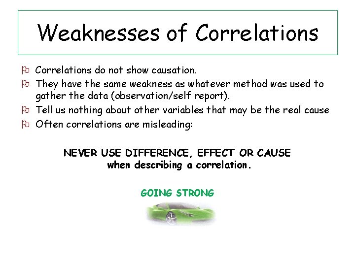 Weaknesses of Correlations do not show causation. They have the same weakness as whatever