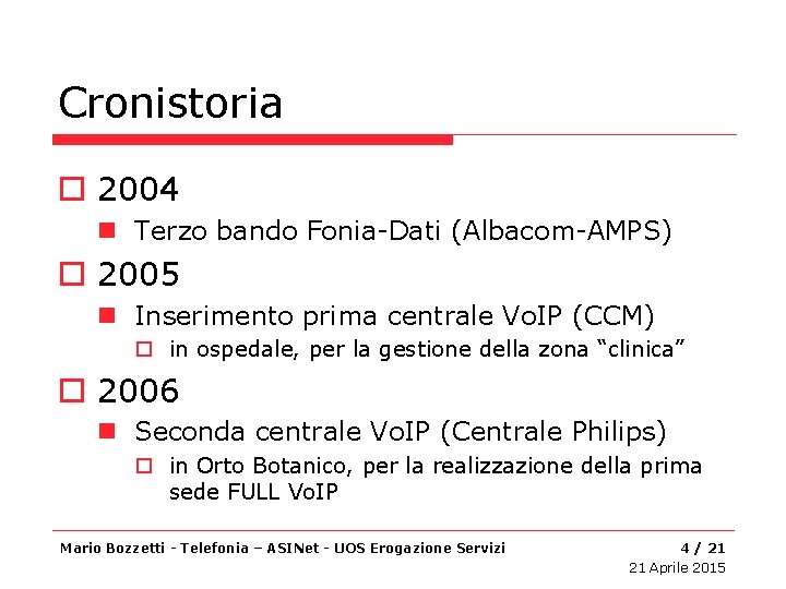 Cronistoria o 2004 n Terzo bando Fonia-Dati (Albacom-AMPS) o 2005 n Inserimento prima centrale
