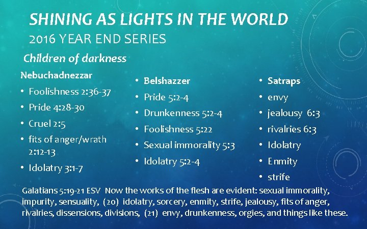 SHINING AS LIGHTS IN THE WORLD 2016 YEAR END SERIES Children of darkness Nebuchadnezzar