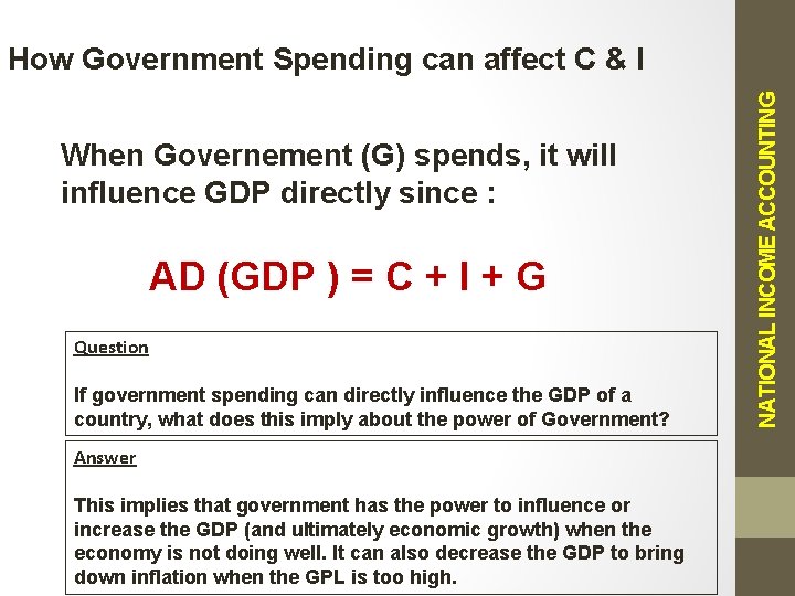 When Governement (G) spends, it will influence GDP directly since : AD (GDP )