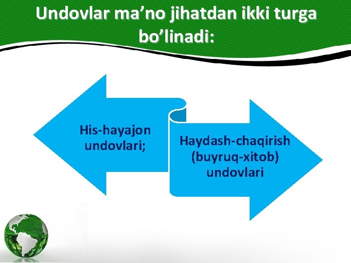 Undovlar ma’no jihatdan ikki turga bo’linadi: His-hayajon undovlari; Haydash-chaqirish (buyruq-xitob) undovlari 