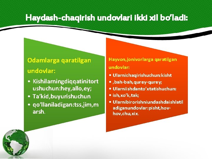 Haydash-chaqirish undovlari ikki xil bo’ladi: Odamlarga qaratilgan undovlar: • Kishilarningdiqqatinitort ushuchun: hey, allo, ey;