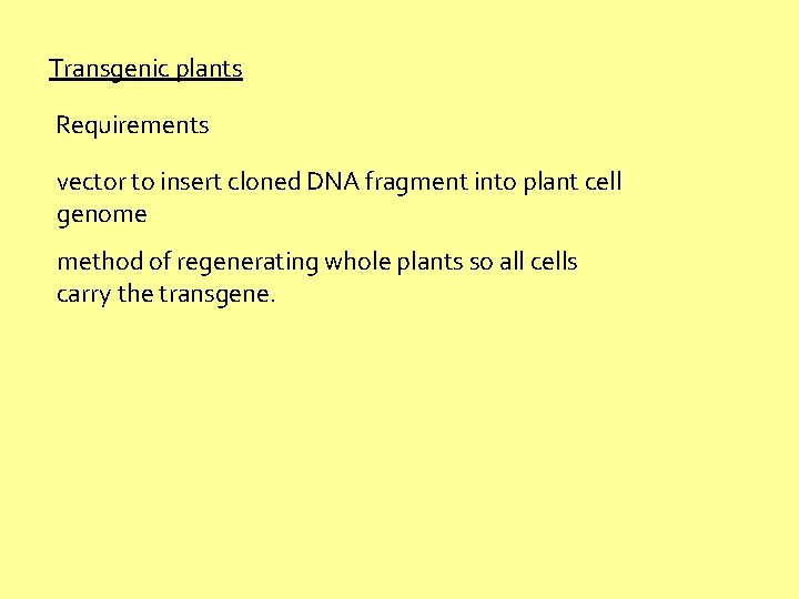 Transgenic plants Requirements vector to insert cloned DNA fragment into plant cell genome method