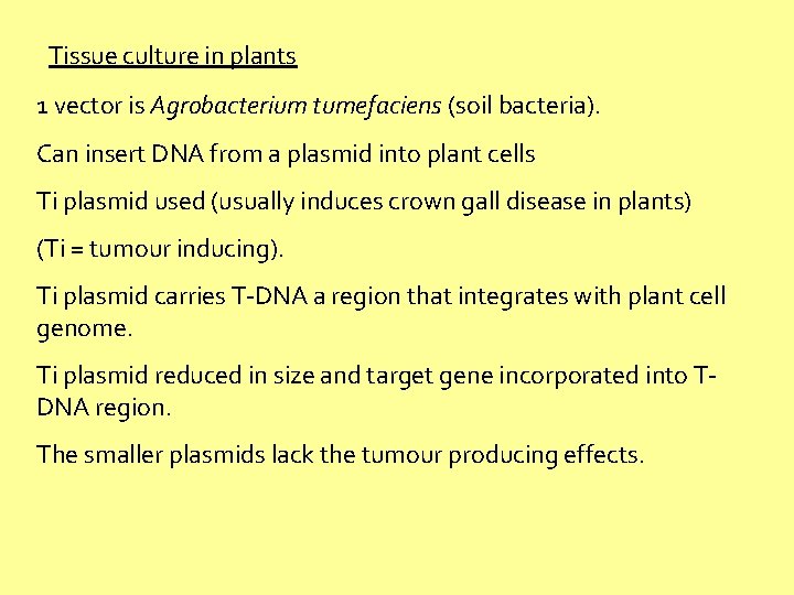 Tissue culture in plants 1 vector is Agrobacterium tumefaciens (soil bacteria). Can insert DNA