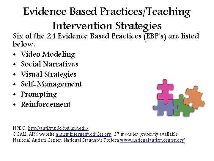 Evidence Based Practices/Teaching Intervention Strategies Six of the 24 Evidence Based Practices (EBP’s) are